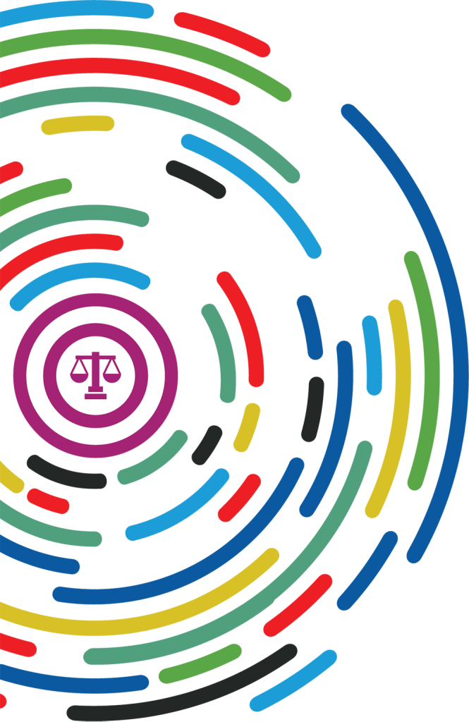Graphic depicting various coloured circles moving around a justice icon