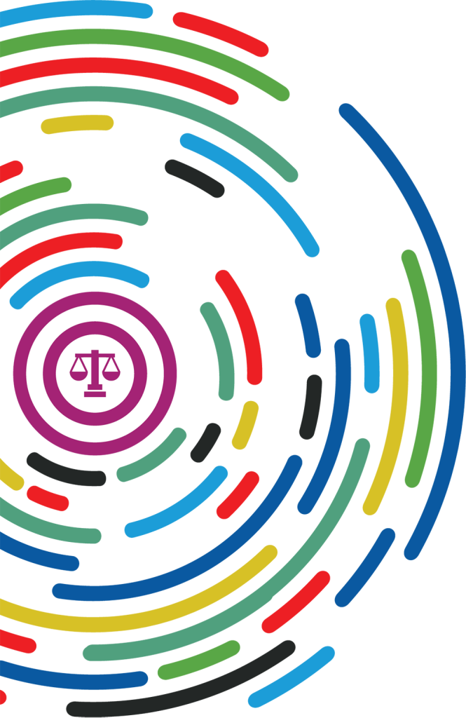 Graphic depicting various coloured circles moving around a justice icon Graphic depicting various coloured circles moving around a justice icon