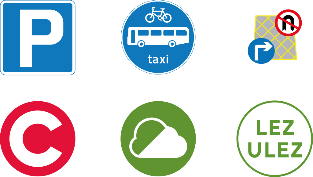 Grid of traffic sign icons relating to the types of traffic contraventions featured in key cases on this website